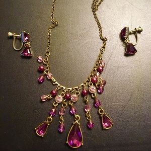 Vintage Ruby Red Glass Necklace & Earrings